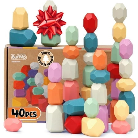 BUNMO Pierres Empilables en Bois 40 Pcs - Jouets Montessori pour 1 + An - Jeu Créatif et Imaginatif Stimulant - Jouet Blocs pour Bébé d'Un An - Jouets pour 1 + 2 Jouets Garçon Ou Fille de 3 Ans Cadeaux