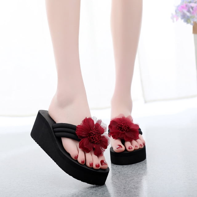 LSLJS Pantoufles pour Femmes, Femmes Dames Été Fleur Maison Compensées Chaussures de Plage Sandales Flip Flops Pantoufles