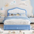 thumbnail image 1 of Full Size Upholstered Platform Bed Frame for Kids with LED Lights and Storage Drawer Velvet Double Flower Design No Box Spring Needed Blue, 1 of 7