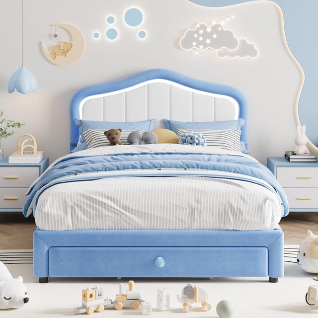 Full Size Upholstered Platform Bed Frame for Kids with LED Lights and Storage Drawer Velvet Double Flower Design No Box Spring Needed Blue