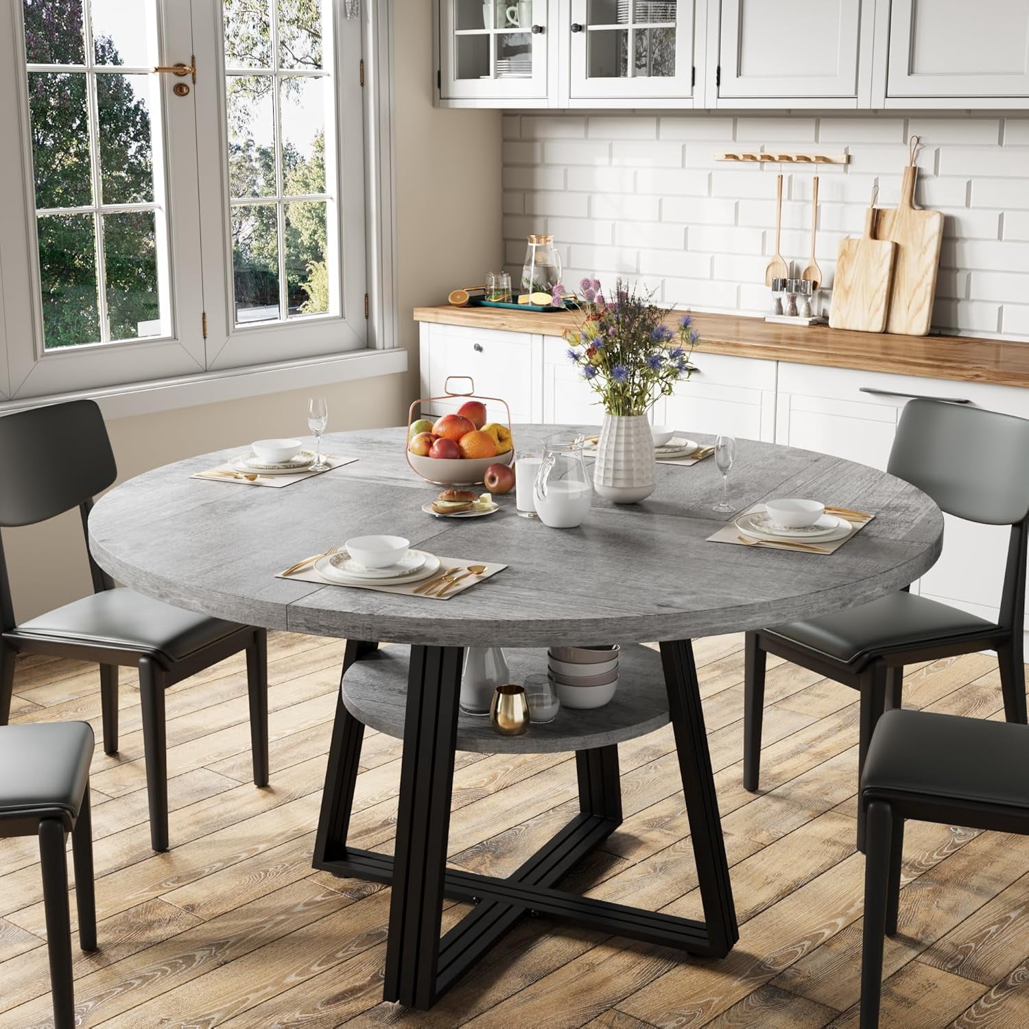 QinaQin 47.2-Inch Round Dining Table for 4 6 Farmhouse Kitchen Table with Storage for Kitchen Dining Living Meeting Rooms and Apartments Grey
