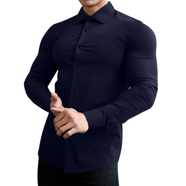 Pompotops Chemise Homme Décontractée Unie à Col Rabattu Boutonnée à Manches Longues en Solde