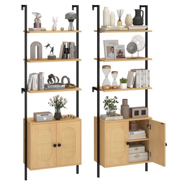 Costway 2 PCS Ladder Bookshelf with Rattan Cabinet, 71-inch tall wall-mounted bookcase in natural wood color. Features three open shelves for books, decor, and plants, and a double-door rattan cabinet for additional storage. Sturdy metal frame with wall anchors ensures stability. Includes soft-close hinges, magnetic catches, and non-slip foot pads for functionality and safety.