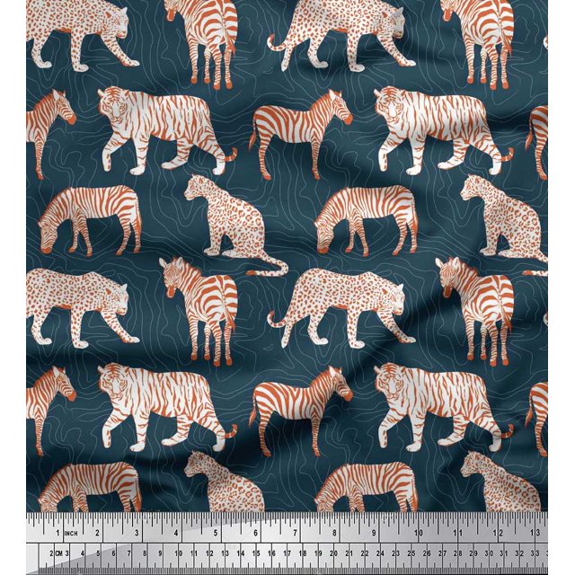 Soimoi Blue Rayon Fabric Tiger,Leopard & Wild Animal Fabric Prints by Yard 56 Inch Wide