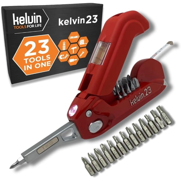 Kelvin Tools Kelvin 23 Urban Multi Tool Screwdriver Set All in One with 16 Bit Set, Tape Measure, Liquid Level, Hammer, Flashlight Multibit Pocket Screwdriver, Universal Precision Screwdriver