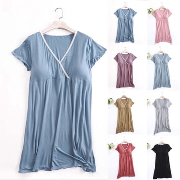 Sentmoon Vêtements de Grossesse pour Femmes Grande Taille Robe d'Allaitement à Manches Courtes Col en V Couleur Unie Ample Respirante Longue Robe d'Été Mode pour Filles Douche TTG