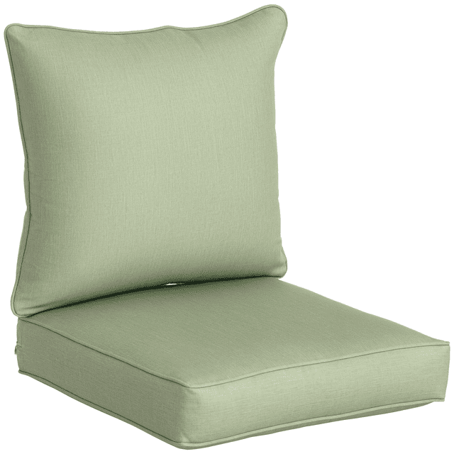 Outdoor Patio Chair Cushions Deep Seat Replacement Patio Cushions Set Green by Outsunny, featuring a light green polyester cover with thick foam filling. Includes a seat cushion measuring 24 inches by 24.4 inches by 4.7 inches and a back cushion measuring 24.8 inches by 22.4 inches by 7.9 inches. Removable covers with hidden zippers for easy cleaning, ideal for patio decor and outdoor rattan furniture.
