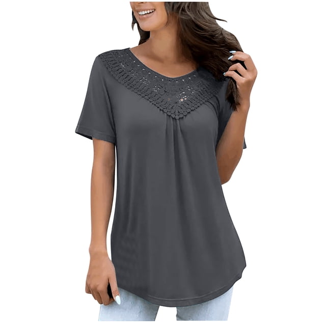 Yuyuzo Plus Size Tops for Women V Neck Lace Stitching Tunic Tops Short Sleeve Basic Summer Tee Shirts
