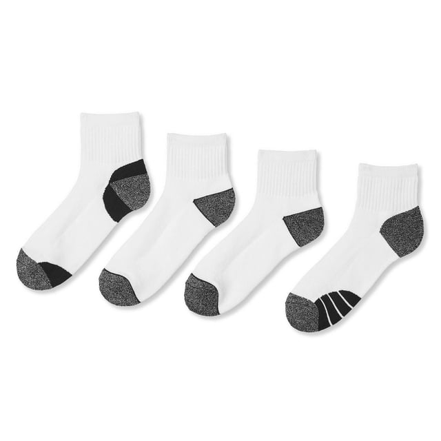 Athletic Works Men's Anklets 4-Pack with four white rib knit ankle socks featuring stretch fit and assorted black and grey contrast toes and heels, fitting men's shoe sizes 7-11, suitable for daily wear and light sports activities.