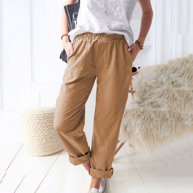 Mikilon Women Casual Solid Color Pockets Elastic Waist Comfortable Straight Pants