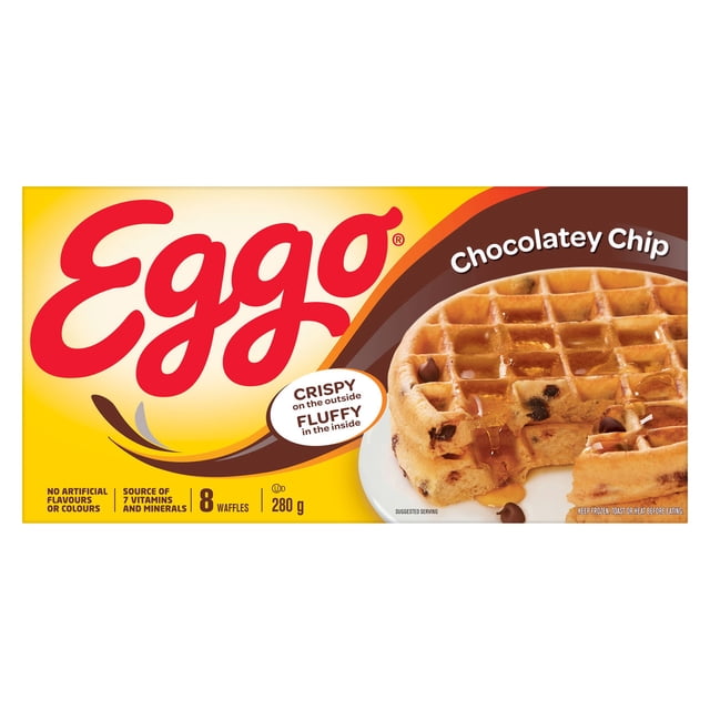 EGGO Chocolatey Chip Waffles 280g box showing eight waffles with chocolate chips and syrup on a white plate, featuring a crispy outside and fluffy inside texture, no artificial flavours or colours, source of 7 essential nutrients, suitable as a quick frozen breakfast or snack.