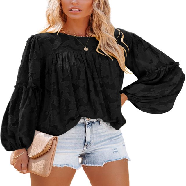 Womens Bell Sleeve Blouse Crewneck Lace Tops Floral Textured Babydoll Shirts