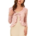 thumbnail image 1 of INSPIRE CHIC Women's Floral Lace Cardigans Tie Front Ruffled Hem Sheer Crop Bolero Shrug XS Pink, 1 of 8