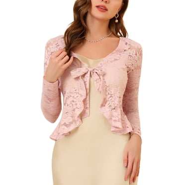INSPIRE CHIC Women's Floral Lace Cardigans Tie Front Ruffled Hem Sheer Crop Bolero Shrug L Pink