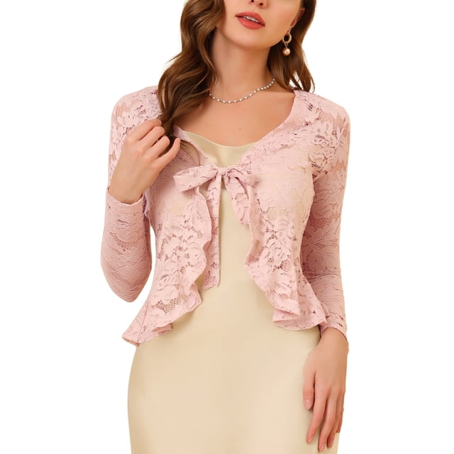 INSPIRE CHIC Women's Floral Lace Cardigans Tie Front Ruffled Hem Sheer Crop Bolero Shrug XS Pink
