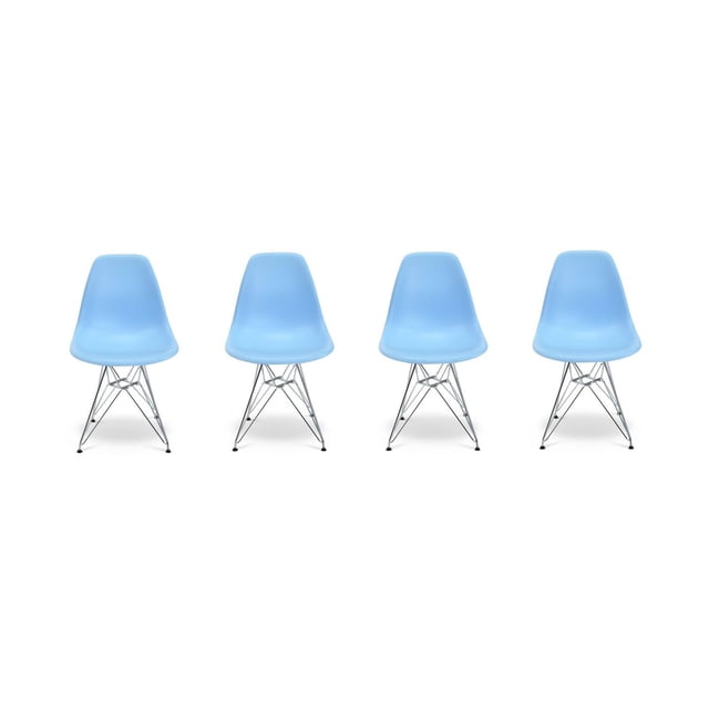 Eiffel Chaise Bleu Pâle avec Pattes Chromées - Ensemble de 4 - Adultes, Vue Orientée vers l'Avant de Quatre Chaises de Salle à Manger en Plastique Moulé Bleu Pâle avec Pattes Métalliques Chromées de Style Eiffel, Conçues pour la Cuisine et les Sièges de Salle à Manger, Chaque Chaise Mesure 33 Pouces de Hauteur, 19 Pouces de Largeur et 21 Pouces de Profondeur, Convient à un Usage Résidentiel Ou commercial, Souvent Utilisée comme Siège Supplémentaire au Bureau Ou dans les Salles de Réunion.