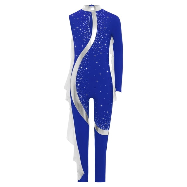 Aislor Girls Gymnastics Unitard Costume in blue, designed for dance and gymnastics. Features rhinestone metallic patchwork, asymmetrical design with one long sleeve and one sleeveless side, sheer mesh ruffles, and an invisible zipper for a seamless look. Made from polyester, nylon, and spandex for flexibility and durability. Ideal for girls' dancewear, activewear, ballet, gymnastics, and stage performances. Size 10 for ages 6-16 years.
