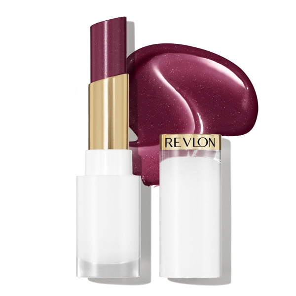Super Lustrous™ Glass Shine Balm in a deep berry shade with a white and gold tube, shown with the balm partially extended and a glossy swatch behind it, highlighting its hydrating, sheer, and shiny lip balm formula enriched with hyaluronic acid and aloe.