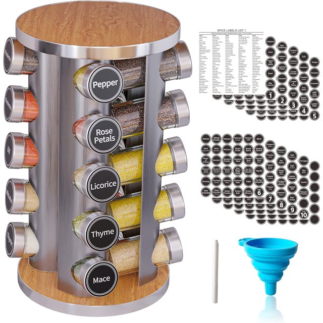 Revolving Spice Rack Set with 20 Spice Jars, Kitchen Spice Tower Organizer for Countertop or Cabinet -- Carousel Storage Includes Spice Labels -- Desktop Rotating Seasoning Organizer
