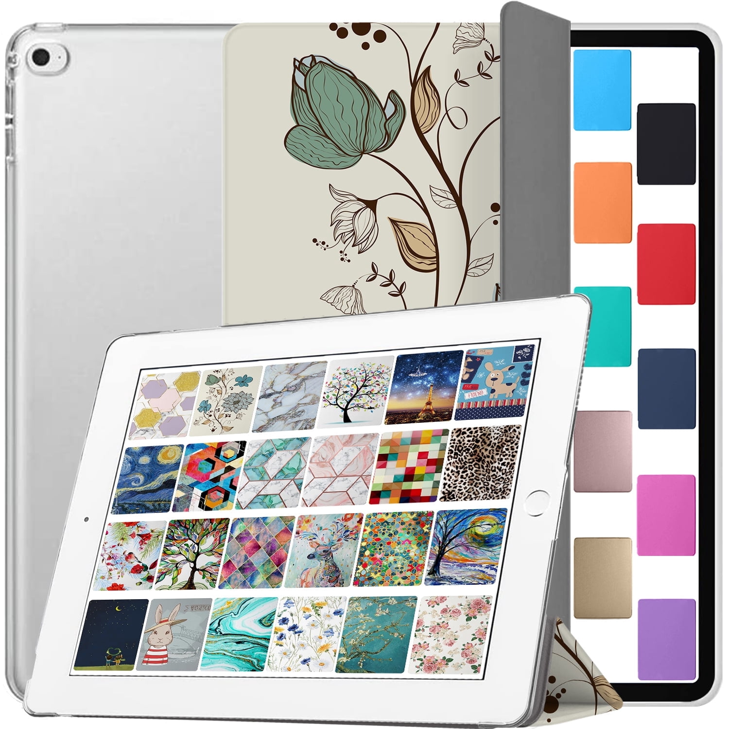 DuraSafe Cases iPad 9,7 Pouces 5 6e Gén Air 1 2 MRJN2LL/A MR7G2LL/A MR7F2LL/A MP2F2LL/A MP2G2LL/A MPGT2LL/A Étui iPad Imprimé avec Dos Rigide Givré Translucide - Fleurs Aquarelle