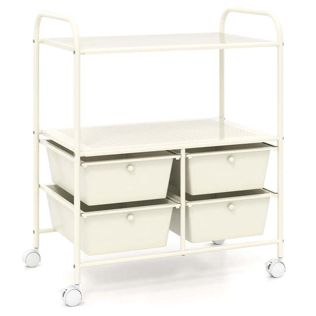 Costway Chariot de Rangement Roulant avec 4 Tiroirs et 2 Étagères Chariot Polyvalent en Plastique sur Roues en Blanc. le Chariot Présente un Cadre Métallique Robuste avec Quatre Tiroirs Amovibles et Deux Étagères Ouvertes pour un Rangement Polyvalent. Il Comprend Deux Poignées et Quatre Roues Universelles, Deux d'Entre-Doigts Verrouillables, pour une Mobilité et une Stabilité Faciles. la surface Lisse Assure un Faible Entretien, et Sa Conception Compacte s'Adapte Bien aux Espaces comme les Bureaux à Domicile, les Cuisines Ou les salons de Beauté.