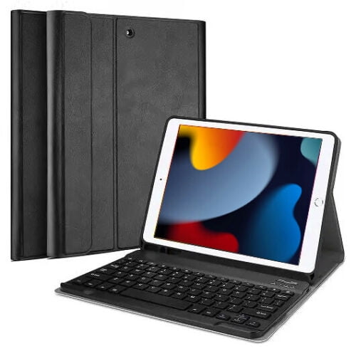 iPad 9th Gen Keyboard Case for 10.2 inch, compatible with iPad 8th Generation 2020 and iPad 7th Generation 2019. The case features a detachable wireless keyboard, a built-in Apple Pencil holder, and three adjustable viewing angles. Made with premium leather for protection against bumps and scratches, it includes precise cutouts for full access to ports and buttons. Slim and lightweight design with Bluetooth connectivity for a smooth typing experience.