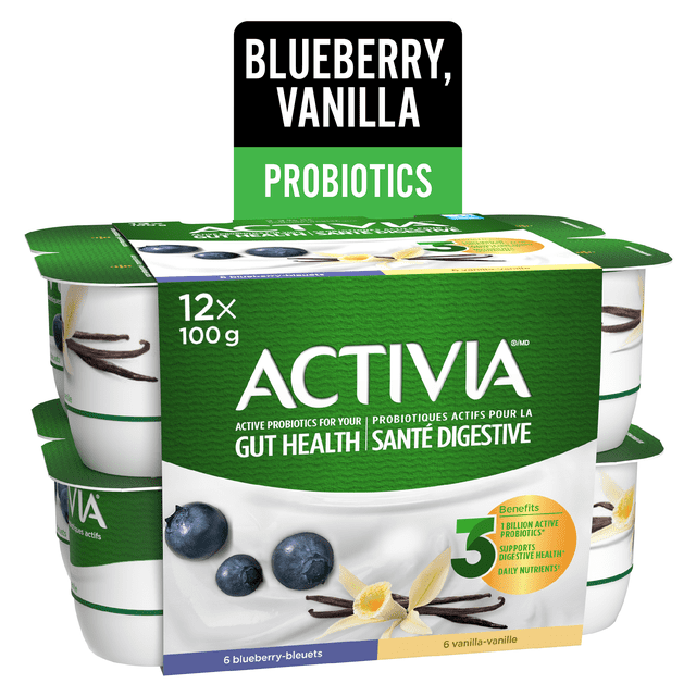 Activia Probiotic Yogurt vanilla and blueberry 12-pack with 100g cups, containing active probiotics that support gut health and digestive wellness, with blueberry and vanilla images on green and white packaging, suitable as a nutritious snack.