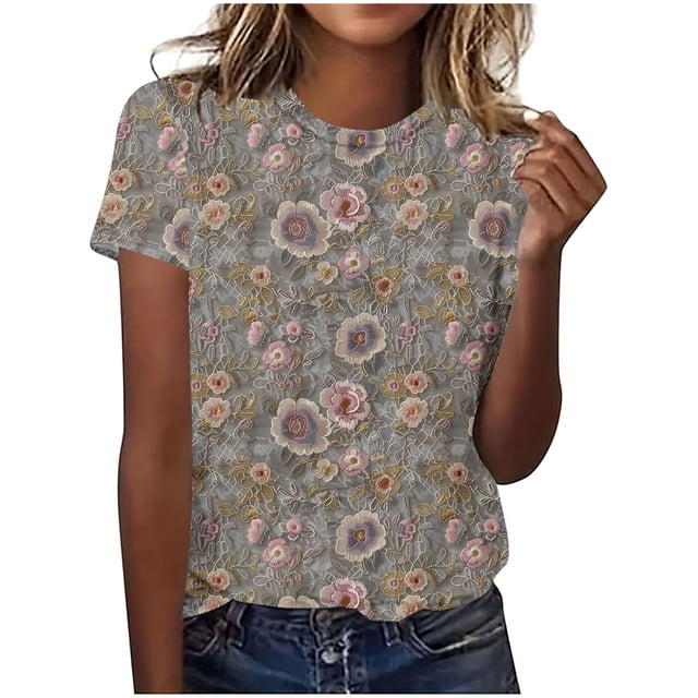 Hauts d'Été pour Femmes DYTTDG T-shirt à Fleurs Mode pour Femmes Grande Taille Col Rond Manches Courtes Décontracté Ample Tee Haut Hauts pour Femmes Liquidation Moins de 10 Multicolore,XXXXXL