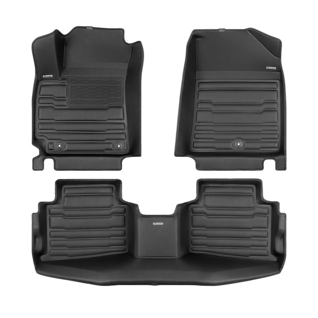 TuxMat custom car mats designed for Kia Seltos 2024-2026 models, featuring a full set for the 1st and 2nd rows. These laser-measured mats provide maximum coverage and all-weather protection against rain, snow, mud, and spills. The mats are shown in a black finish with tailored edges and textured surfaces, compatible with factory floor anchors for easy installation and cleaning.