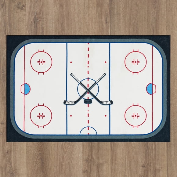 Mainstays CENTER ICE Kids Hockey Field Low Pile, Machine Washable Area Rug 36x56, Ideal for Bedroom and Play Area.