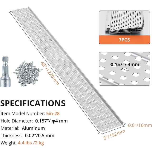 Garde-gouttières 5 Pouces, Filtre à Feuilles pour Gouttières - Écran en Maille 28 Pieds en Aluminium Robuste, Protection Résistante aux Intempéries, Installation Bricolage avec Ciseaux et Gants, Ajustement Tout-Usage pour Toit de Maison (Argent, Lot de 1)