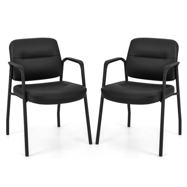 Costway Waiting Room Chair No Wheels Set of 2 with Integrated Armrests for Reception. These black chairs feature a padded seat and backrest upholstered in PU and PVC leather for comfort and durability. The sturdy powder-coated metal frame ensures stability, while the curved armrests and ergonomic design provide support. Ideal for offices, conference rooms, or reception areas.