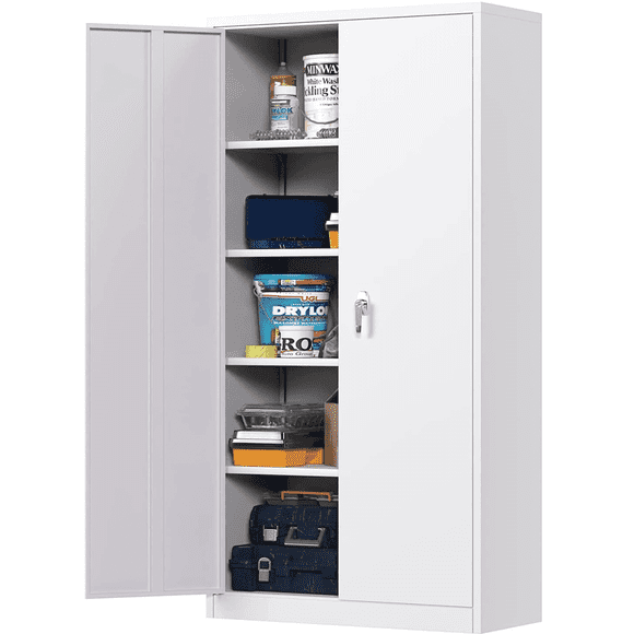 SOLAURA Metal Storage Garage Cabinets with Locking Doors and Adjustable Shelves, 72 inch Tall Steel Storage Cabinet for Office, Home (White)