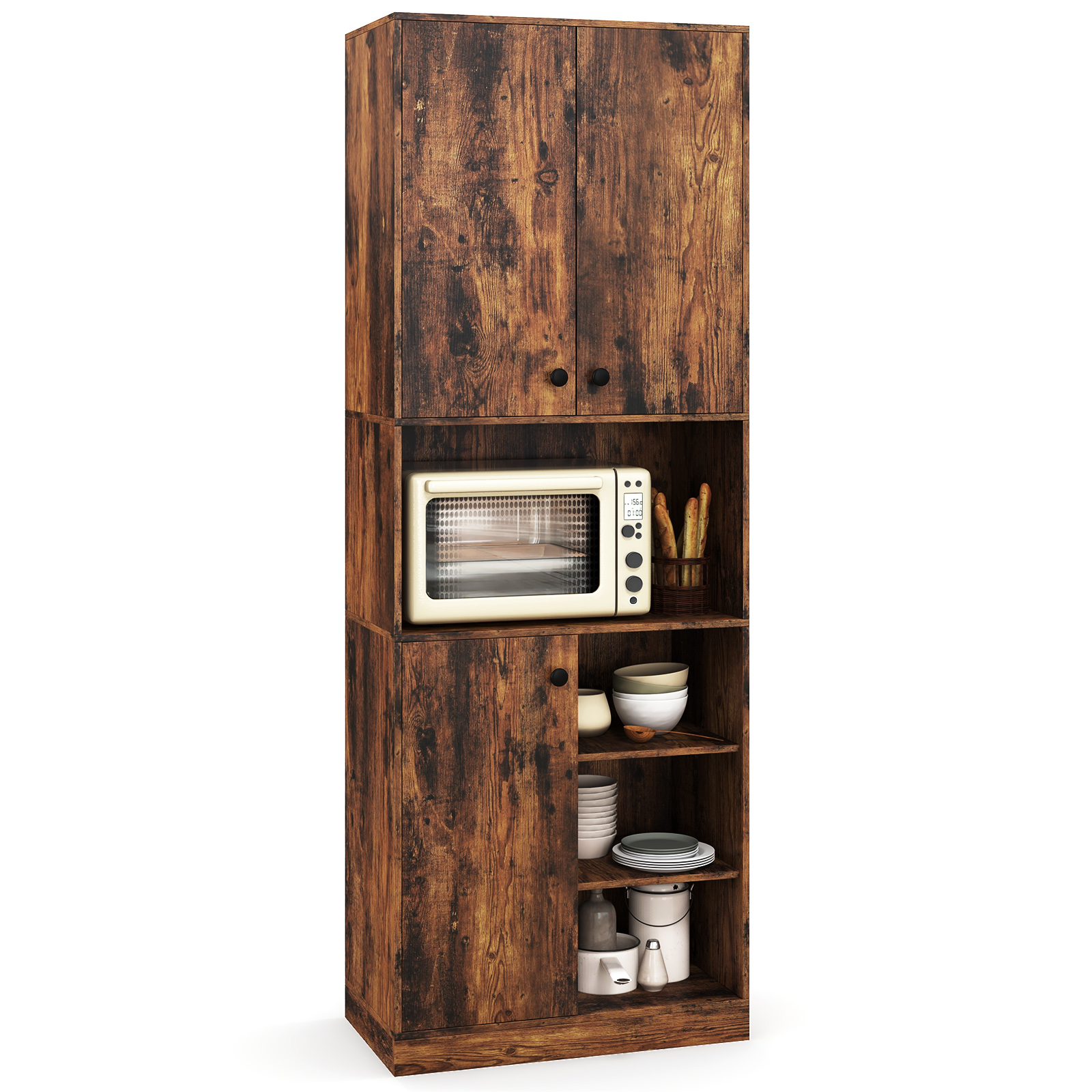 Costway Armoire de Rangement de Cuisine Garde-Manger 65,5 Pouces de Haut, Meuble Moderne avec Support pour Micro-Ondes Marron