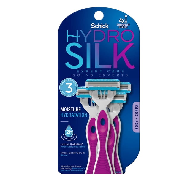 Hydro Silk Rasoirs Jetables à 3 Lames, Lot de 4 par Schick, avec Trois Lames à Détection de Courbes avec Sérum Hydra-Boost pour Hydratation Hydratation Durée jusqu'à 2 Heures, Poignées Ergonomiques Texturées Blanches et Roses pour une Prise Sûre, Conçus pour le Rasage du Corps et l'Épilation des Femmes.