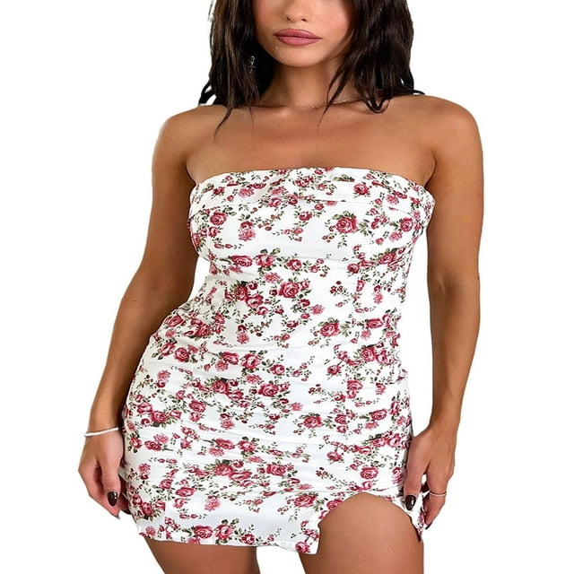 Mini-robe Sans Bretelles à Imprimé Floral avec Ourlet Fendu pour Femme