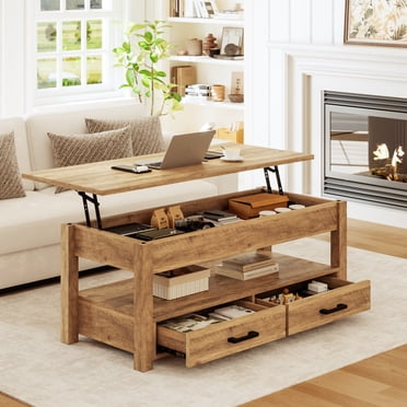 GUNAITO Table Basse à Plateau Relevable avec 2 Tiroirs, Table Basse Convertible en Bois Brun Pâle avec Rangement pour Salon, Table Centrale, 42 Pouces