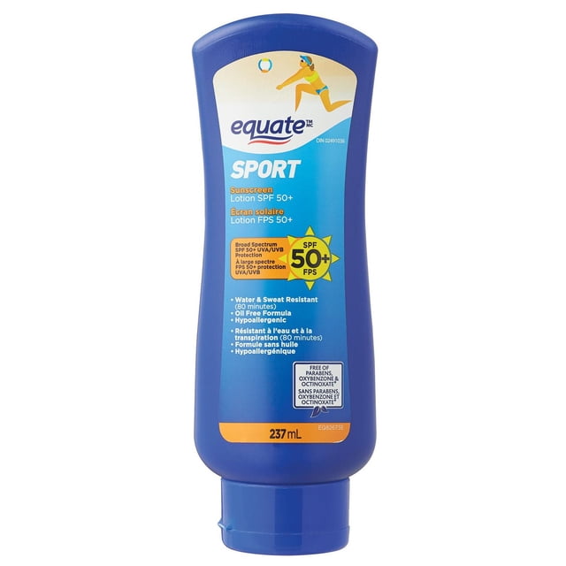 Equate Sport Lotion Écran Solaire SPF 50+ dans une Bouteille en Plastique Bleue avec Bouchon à Rabat, Présentant une Étiquette avec un Graphique de Joueuse de volleyball, protection UV/UV à Spectre Grand SPF 50+, Résistante à l'Eau et à la Sueur pendant 80 minutes, Sans Huile, Hypoallergénique, Formule Sans Parabènes, 237 ml.