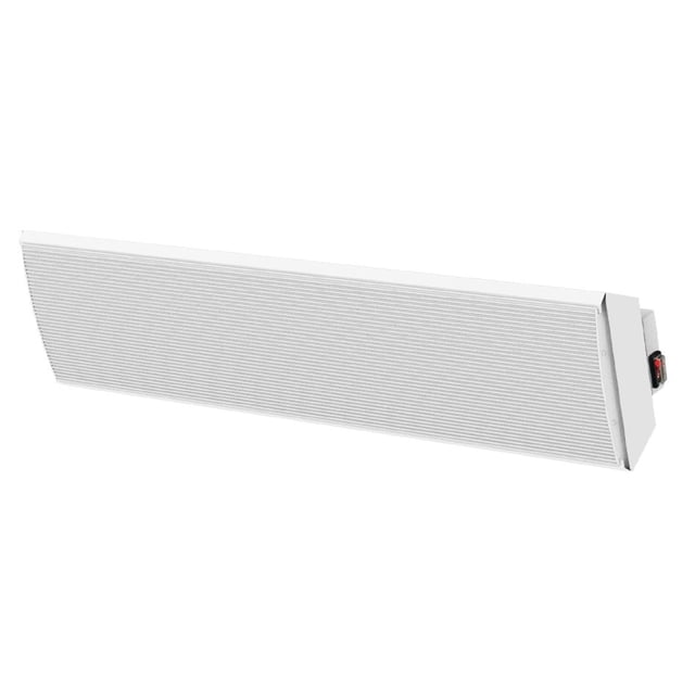 Wexstar Ultra 1500W White Wall/Ceiling Infrared Heater with ON/OFF Switch shown in a front angled view, featuring a long white aluminum panel with horizontal vents and a red power switch on the side, designed for quiet, energy-efficient infrared heating in indoor or sheltered spaces up to 420 sqft, suitable for wall or ceiling mounting and ideal for allergy-sensitive environments.