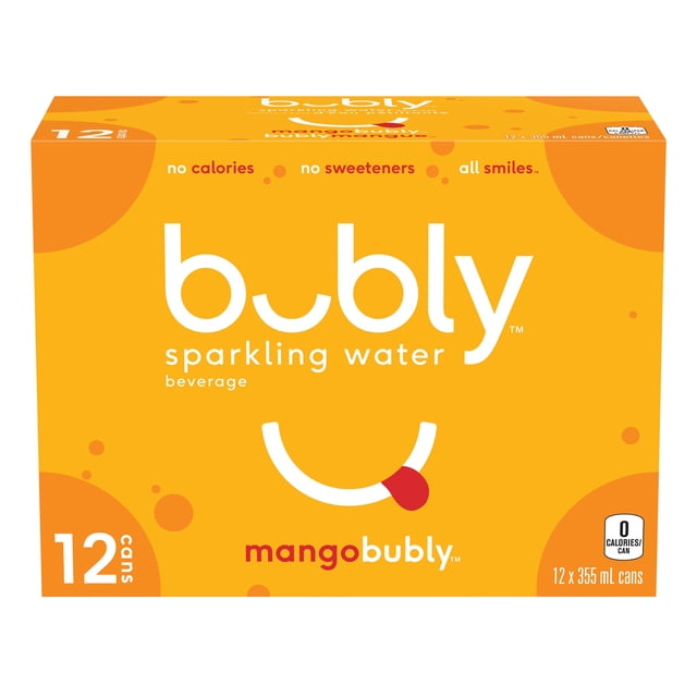 Bubly Mango Sparkling Water 12-pack box with bright orange design and playful smile logo featuring a red tongue, containing twelve 355 mL cans of zero-calorie sparkling water with natural mango flavor, suitable for refreshing hydration and social occasions.