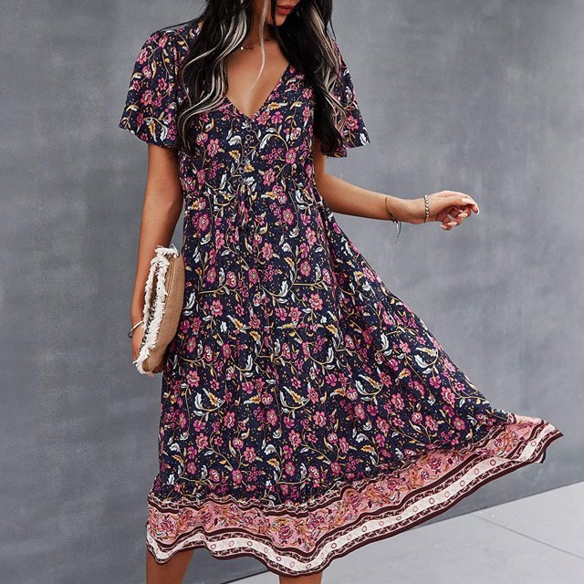 SMihono Robe d'Été Boho pour Femmes Grande Taille Mode Robe Décontractée à Col en V Imprimée avec Ceinture Manches Courtes Ample