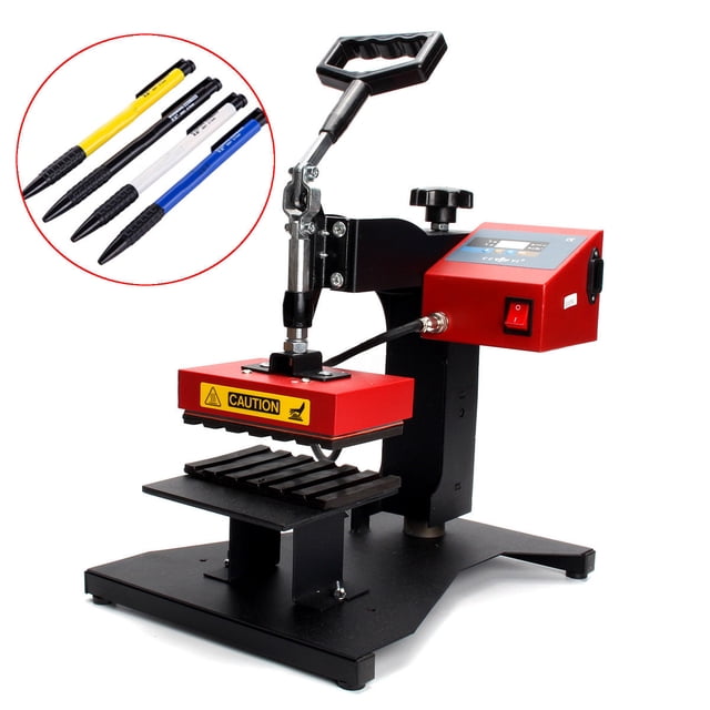 6 Stations Pen Heat Press Transfer Printer 3D Sublimation Machine with Digital Display 110V for Ballpoint Plastic Pen DIY Pen Printing. The machine features a red and black design with a digital LCD timer and temperature controller. It includes six pen slots with smooth, uniform heating and a PTFE-coated non-stick surface. The device is equipped with a countdown sensor, a durable aluminum base, and a handle for operation. Suitable for transferring logos, patterns, and text onto plastic ballpoint pens. Pens and transfer paper not included.