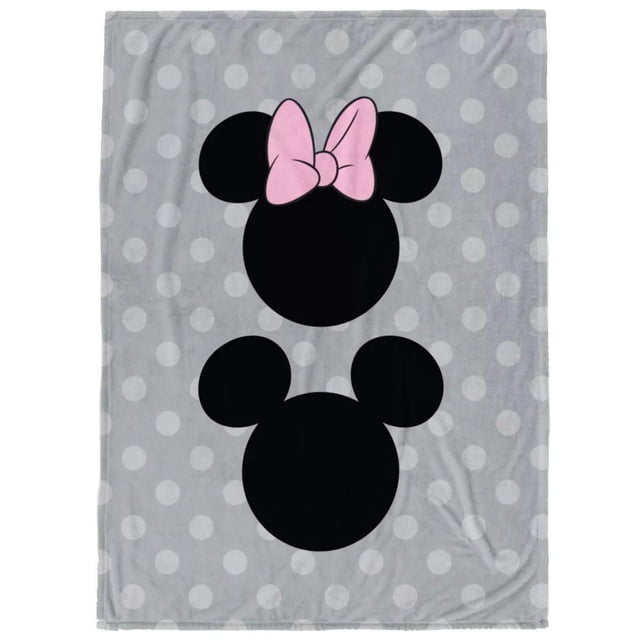 Minnie & Mickey Mouse Jeté en Molleton Gris à Pois Blancs, Présentant de Grandes silhouettes Noires de Minnie Mouse avec un Nœud Rose et Mickey Mouse, Fabriqué en Molleton Corail 100 % polyester, Mesurant 46 par 60 Pouces, Idéal pour la Literie et les Voyages des Enfants.