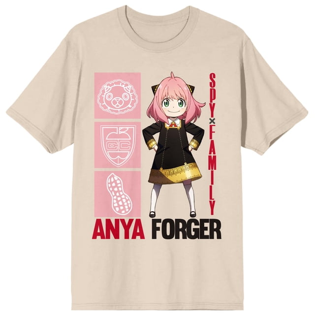 Spy x Family Anya Forger Natural T-Shirt featuring a centred graphic of Anya Forger in her signature outfit with pink hair and a confident pose. The design includes pink panels with symbols and bold text reading 'Spy x Family' vertically and 'Anya Forger' horizontally. Made from 100% cotton, this gender-neutral shirt offers lightweight comfort and breathability. Officially licensed merchandise by Bioworld, ideal for fans and collectors.