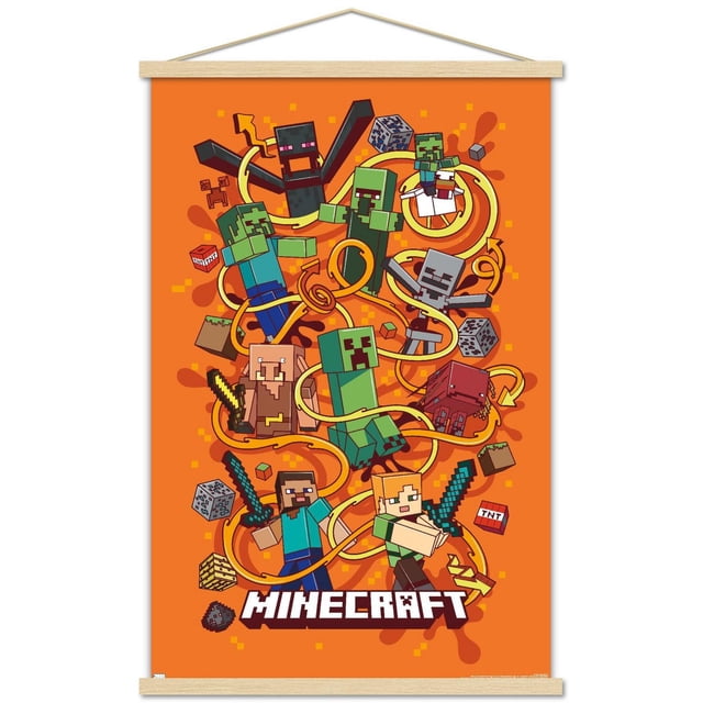 Minecraft - Funtage Wall Poster, 22.375" x 34", features pixelated Minecraft characters including Steve, Alex, Creepers, Skeleton, Enderman, and Pig on a bright orange background with swirling yellow lines and Minecraft blocks like TNT and ores. Printed on glossy paper, this poster is ideal for decorating bedrooms, offices, or dorm rooms and is often used for party décor or gifting.