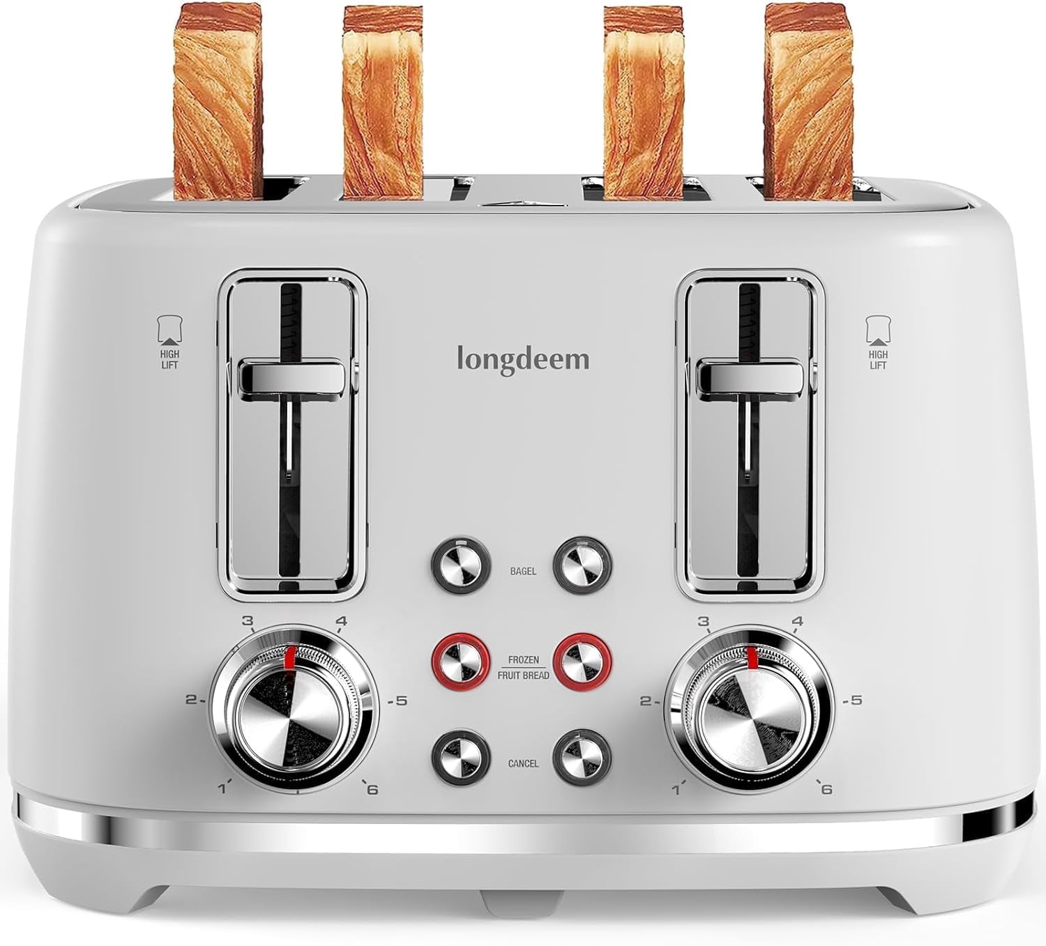 LONGDEEM 4 Slice Toaster, 6 Browning Options, Wide Slots, High Lift Lever, Dual Controls, White