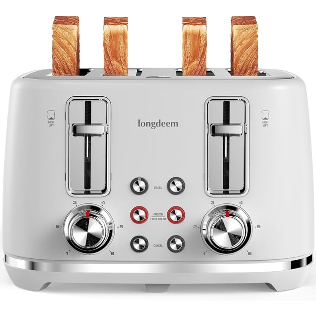LONGDEEM 4 Slice Toaster, 6 Browning Options, Wide Slots, High Lift Lever, Dual Controls, White
