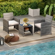 Gymax 3 Pieces Patio Furniture Set PE Rattan Chairs Set w/ Storage Coffee Table White