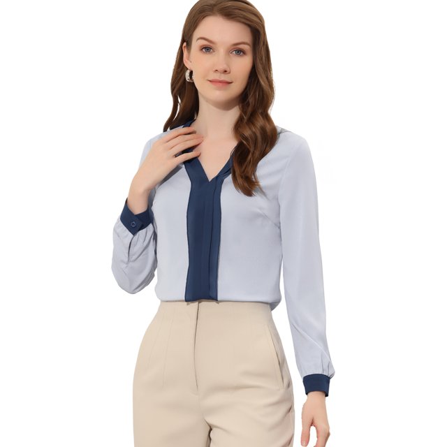 INSPIRE CHIC Women's Split Neck Pleated Front Contrast Color Blouse Tops Blue M