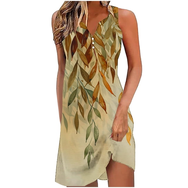 UPPADA Robes d'Été de Plage pour Femmes Vacances Sortie de Plage Robe Midi Boutonnée Sans Manches Bohème à Fleurs Robe d'Été Col en V Coupe Ample Robe d'Été en Solde Multicolore,G